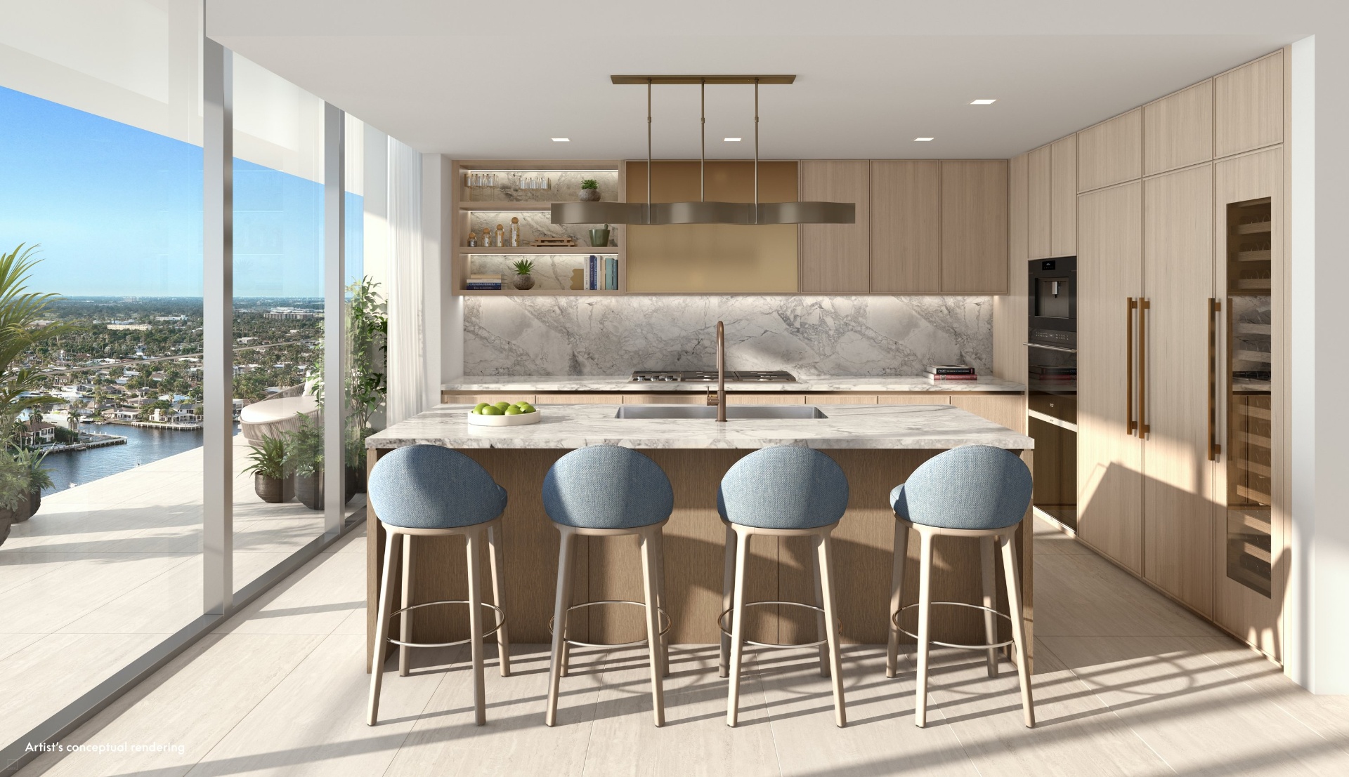 Cozinha gourmet com ilha e eletrodomésticos premium